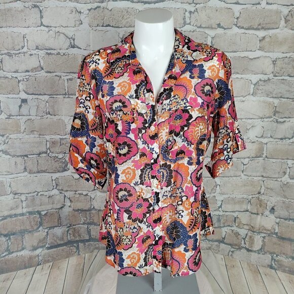 Ann Taylor Blouse Semi Sheer Floral 8P Pink Orange - Picture 1 of 7